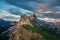 Beautiful landscape of Odle Mountains in Dolomites, Italy from Seceda at sunset