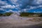 Beautiful landscape of old faithful geyser, surrounded by vapor at Midway Geyser Basin, Yellowstone National Park