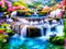 Beautiful Landscape painting of a waterfall with colorful flowers, mountains, lake and houses.