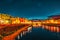 Beautiful landscape, panorama on historical view of the Florence - Ponte Vecchio is a bridge in Florence at night time. Italy