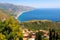 Beautiful landscape panorama of Sicily coastline. Blue Mediterranean sea and green mountians, Taormina, Sicily island, Italy