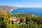 Beautiful landscape panorama of Sicily coastline. Blue Mediterranean sea and green mountians, Taormina, Sicily island, Italy