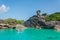 Beautiful landscape people on rock is a symbol of Similan Islands, blue sky and cloud over the sea during summer at Mu Ko Similan