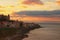 Beautiful landscape photo of coastal town Cefalu. Panoramic dramatic sunset sky