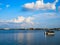 Beautiful landscape with pontoon on Lake Bemidji in Minnesota