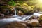 Beautiful landscape rapids on a mountains river in sunlight.