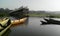 Beautiful landscape Rawa Pening Rawapening lake traditional wooden boats and bridge