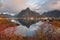 Beautiful landscape from Reine fishing village in autumn season, Lofoten islands, Norway