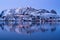 Beautiful landscape from Reine fishing village at twilight in winter season, Lofoten islands, Norway