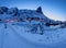 Beautiful landscape from Reine fishing village at twilight in winter season, Lofoten islands, Norway