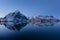 Beautiful landscape from Reine fishing village at twilight in winter season, Lofoten islands, Norway