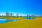 Beautiful Landscape Scenery with Rough Pastels Filter, Golf Course, Bright Blue Sky, Sunny Day, Small Lakes and Trees