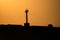 Beautiful landscape by the sea, at sunrise. Seabirds flying over a shipwreck. silhouettes