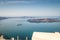 Beautiful landscape with sea view. Cruise liner at the sea near the Nea Kameni, a small Greek island in the Aegean Sea near Santor