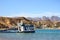 Beautiful landscape. Ship in the sea Egyptian mountains and the red sea. Light clouds in the blue sky.