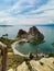 Beautiful landscape of Siberian Lake Baikal. Panoramic view of Shamanka rock on Olkhon. Cape Burhan. Natural background.