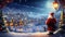 Beautiful Landscape of the Snowy Santa Claus Village At Night and Santa Claus Standing. Generative AI
