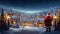 Beautiful Landscape of the Snowy Santa Claus Village At Night and Santa Claus Standing. Generative AI