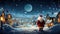 Beautiful Landscape of the Snowy Santa Claus Village At Night and Santa Claus Standing. Generative AI