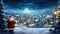 Beautiful Landscape of the Snowy Santa Claus Village At Night and Santa Claus Standing. Generative AI