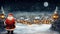 Beautiful Landscape of the Snowy Santa Claus Village At Night and Santa Claus Standing. Generative AI