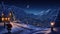 Beautiful Landscape of the Snowy Santa Claus Village At Night and Santa Claus Standing. Generative AI