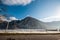 Beautiful Landscape of snowy winter greater Caucasus mountains. Sunny weather, trees clouds fields of Azerbaijan nature