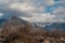 Beautiful Landscape of snowy winter greater Caucasus mountains. Sunny weather, trees clouds fields of Azerbaijan nature