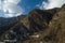 Beautiful Landscape of snowy winter greater Caucasus mountains. Sunny weather, trees clouds fields of Azerbaijan nature