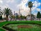 Beautiful landscape on Sultanahmet Square in Istanbul with palm trees and a Blue Mosque on the horizon. Beautiful exotic panorama