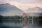 Beautiful landscape, sunset with mountains and water, lake Strbske pleso, High Tatras, Slovakia