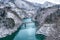 Beautiful landscape of Tadami line train across Tadami river in winter at Fukushima