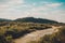 Beautiful landscape from the top shows the river and field in the countryside.