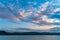 Beautiful landscape with turquoise lake, reflection of blue sky and wild mountains. Relaxing paradise background. Tranquility.