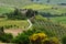 Beautiful landscape of Tuscany in Italy, Podere Belvedere in Val d Orcia near Pienza with cypress,