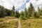 Beautiful landscape of valley in Polish Beskid Mountains, hiking trail to Babia Gora Mountain in Poland near Zawoja.