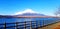 Beautiful landscape view of Fuji mountain with lake and road or street with handrail for foreground. The landmark for travel in ja