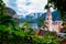 Beautiful landscape view of the Hallstatt from lake Hallstater See, Austria cloudy sky