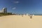 Beautiful landscape view of Miami South  Beach coast line. Sand beach, Atlantic Ocean, people  on blue sky background. USA.
