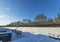 Beautiful landscape view of snowy backyards of townhouses. Winter backgrounds.