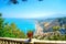 Beautiful landscape of waterfront Taormina. Panoramic view from city public park. Sicily, Italy