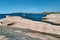 Beautiful landscape of white rocks on Sarakiniko beach, Aegean sea, Milos island, Greece. Empty cliffs, summer sunshine