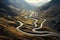 Beautiful landscape with winding road in the mountains. 3d rendering, Mountain Pass, Mountains windy roads, aerial view, AI
