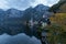 Beautiful landscapes in Hallstatt in a foggy day, a Lakeside Village in dusk, Austria