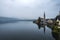 Beautiful landscapes in Hallstatt in a foggy day, a Lakeside Village in dusk, Austria