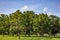 Beautiful landscapes park. Big trees, green grass and beautiful blue sky with cloud in rainy season, Thailand. environment concept