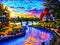 Beautiful landscapes with rivers, skies, trees and houses. Sunset Landscape Painting.