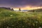 Beautiful landscapes view of tree and green hills on summer sunset from Seiser Alm Dolomites, Italy.