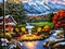 Beautiful landscapes with wooden houses, mountains and waterfalls. Beautiful picture of nature painting.