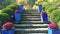 Beautiful landscaping includes flowers in blue pots and exquisite stone steps